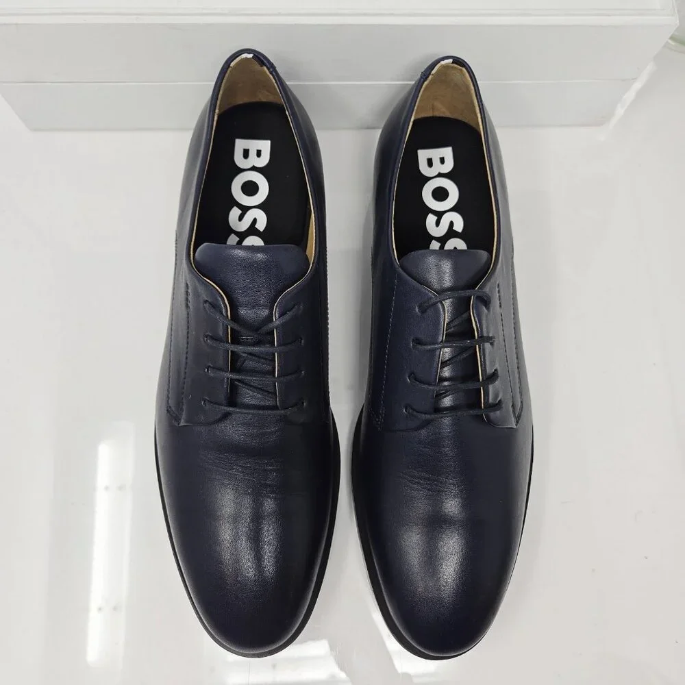 Hugo Boss Mens 9.5 Colby Navy Blue Lace-Up Oxfords Shoes Leather Dress